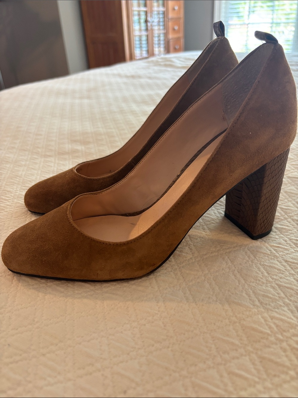 Franco Sarto Suede Block Heel Pumps with Snakeskin Heels